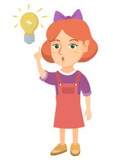 Caucasian smart little girl having a bright idea. Clever girl with open mouth pointing forefinger at a glowing lightbulb. Idea concept. Vector sketch cartoon illustration isolated on white background.