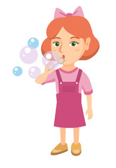 Little caucasian girl blowing soap bubbles. Girl making soap bubbles. Girl playing with soap bubbles. Vector sketch cartoon illustration isolated on white background.