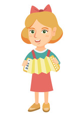 Caucasian smiling girl playing the accordion. Full length of little cheerful girl with the accordion. Vector sketch cartoon illustration isolated on white background.
