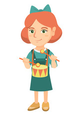 Cheerful caucasian girl playing the drum. Full length of joyful girl playing the drum with drumsticks. Vector sketch cartoon illustration isolated on white background.