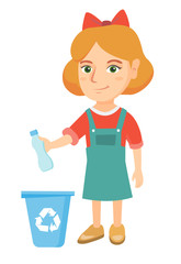 Eco-friendly caucasian girl throwing plastic bottle in recycle bin. Full length of little girl throwing plastic waste in recycling bin. Vector sketch cartoon illustration isolated on white background.