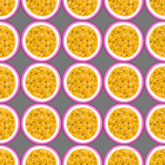 Seamless pattern with tropical fruits. Healthy dessert. Fruity background. Passion fruit. Exotic food. Wrapping, print on clothes, wallpaper, summer banner. Vector illustration, eps10