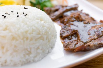 beef fillet with black pepper and rice and cabbage and egg as lunch or dinner