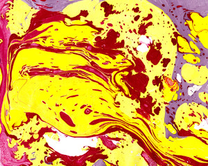 Abstract marbling yellow red background with waves and splashes. Abstract ebru handmade illustration