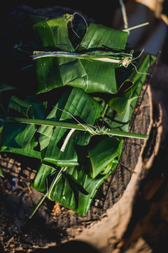 Grilled meat in the banana leaf