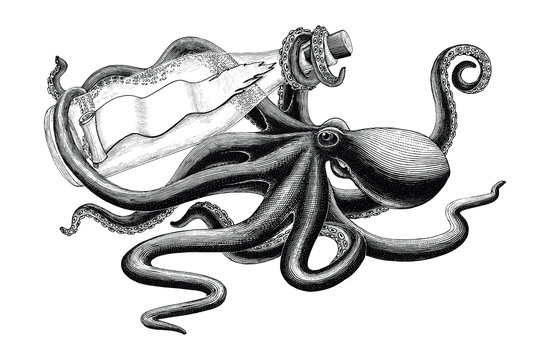 Octopus holding bottle hand drawing vintage clip art