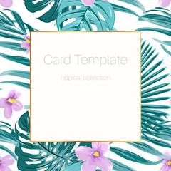 Tropical collection card template. Exotic floral greenery seamless pattern texture. Green jungle palm tree mostera coconut leaves. Violet purple viola flowers. Square border frame. Text placeholder.