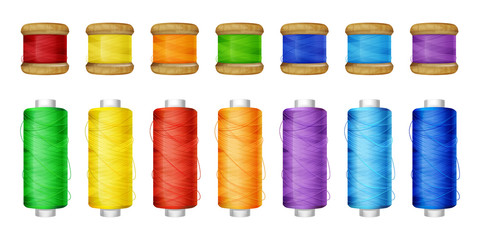 Color thread spools set vector illustration of sewing tools. Red, yellow or orange and green, purple and violet color thread on wooden and plastic reels for tailoring and needlework supplies
