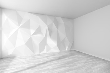 White room corner with rumpled wall and white parquet floor