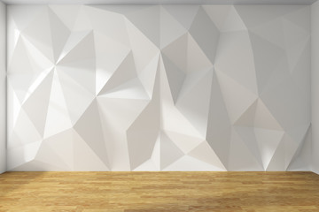 Rumpled wall in white room with wooden parquet floor