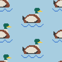 Drake pixel art pattern. Pond 8bit of texture. waterfowl bird background. Vector illustration
