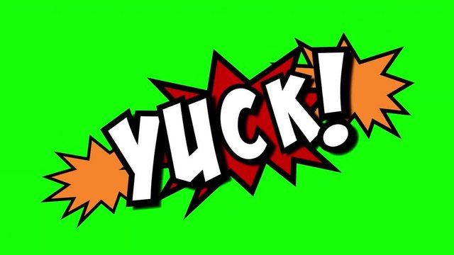 A comic strip speech cartoon animation with an explosion shape. Words: Gosh, Yuck, Grrr. White text, red and yellow spikes, green background.
