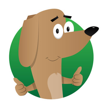 Cartoon illustrated dog making thumbs up sign with two hands.
