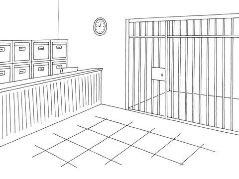 Police office graphic interior black white sketch illustration vector