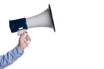 Fototapeta premium Hand hold megaphone on white background