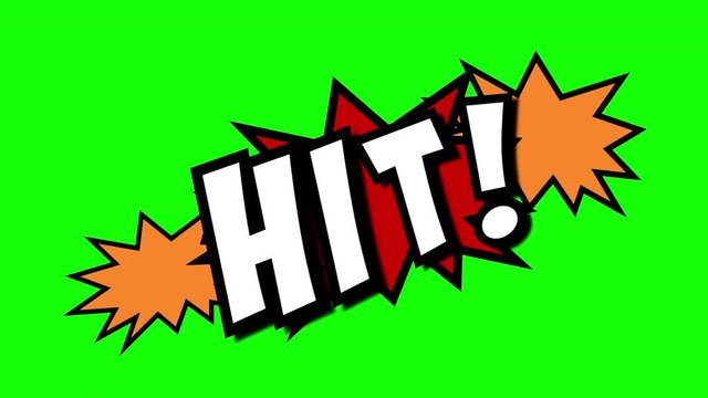 A comic strip speech cartoon animation with an explosion shape. Words: hug, hit, rip. White text, red and yellow spikes, green background.

