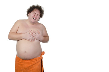 Funny fat man. Heart attack. White background.