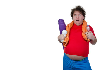 Funny fat man and a gym. White background. 