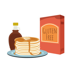 Pancakes with box mix and bottle of syrup. Gluten free food. Isolated vector illustration