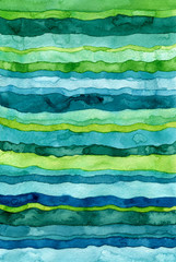 Striped Watercolor Background with Green Waves