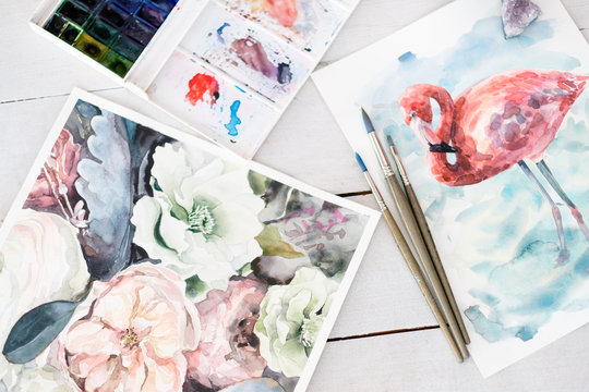 artwork painting hobby and leisure concept. beautiful watercolor pictures of flowers and flamingo