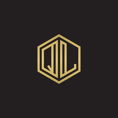 Initial letter QL, minimalist line art hexagon shape logo, gold color on black background