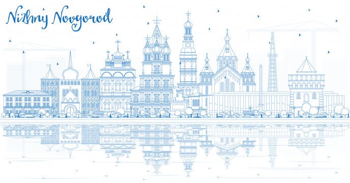 Outline Nizhny Novgorod Russia City Skyline with Blue Buildings and Reflections.