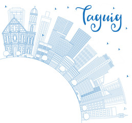 Outline Taguig Philippines City Skyline with Blue Buildings and Copy Space.