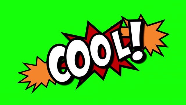 A comic strip speech cartoon animation with an explosion shape. Words: hush, cool, done. White text, red and yellow spikes, green background.

