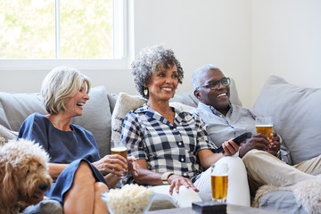 Multiethnic seniors drinking, socializing and watching TV together at home