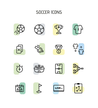 Simple Set of Soccer Related Vector Line Icons. Contains such Icons as Stadium, Field, Championship Cup and more.