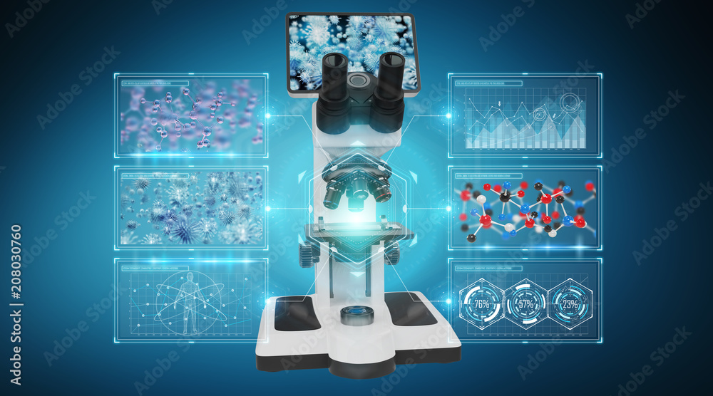 Aufkleber Modern digital microscope with screen analysis 3D rendering