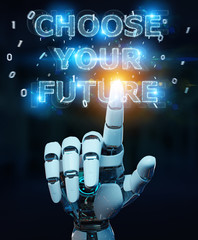 White cyborg hand using future decision text interface 3D rendering