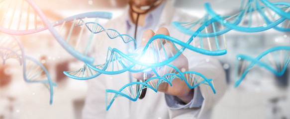 Doctor holding blue digital DNA structure 3D rendering