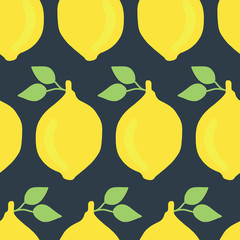 Vintage inspired lemons seamless vector pattern on a dark blue background.
