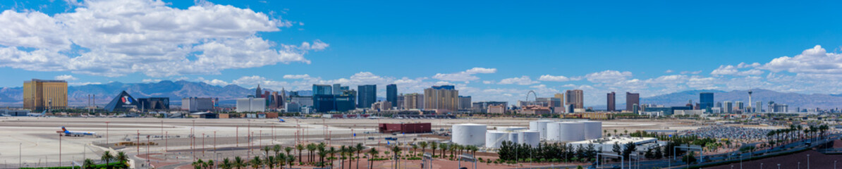 The buildings and casinos on the strip cityscape downtown Las Vegas