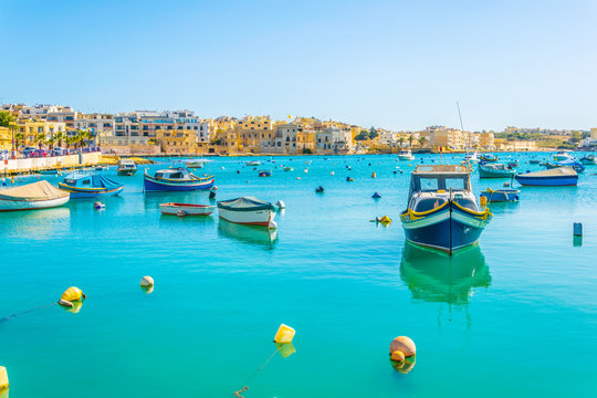 Fishing boats moor in Birzebbuga, Malta