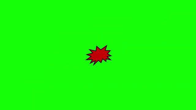 A comic strip speech cartoon animation with an explosion shape. Words: kapow, knock, slash. White text, red and yellow spikes, green background.
