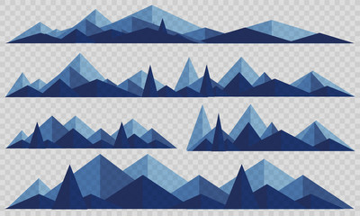 Mountains low poly style set. Polygonal mountain ridges.