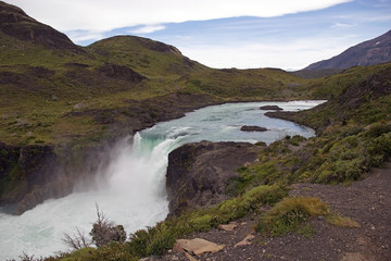 Paine waterfall in Torres del Paine National Park, Magallanes Region, southern Chile