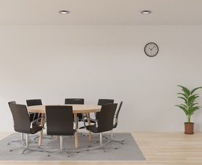 3D rendering meeting room with chairs , round wooden table, white room, carpet and little tree