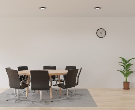 3D rendering meeting room with chairs , round wooden table, white room, carpet and little tree