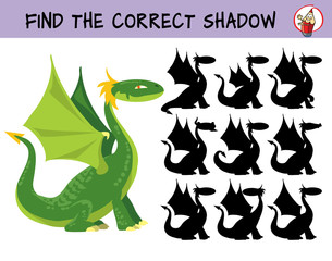 Funny green dragon. Find the correct shadow. Educational matching game for children. Cartoon vector illustration