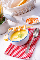 rustic asparagus soup with shrimp skew and diel
