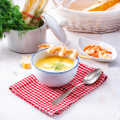 rustic asparagus soup with shrimp skew and diel
