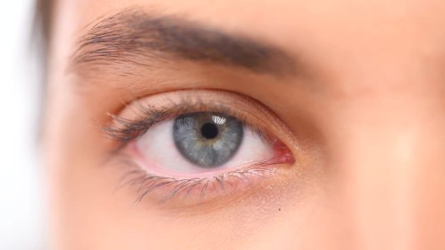 Beautiful female blue eye closeup. Young woman eye blinking over white background. 4K UHD video 3840X2160