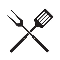 BBQ or grill tools icon. Crossed barbecue fork with spatula. Black simple silhouette. Symbol Template Logo. Vector illustration flat design. Isolated on white background. - obrazy, fototapety, plakaty
