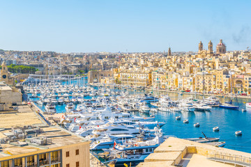 View of the grand harbour marina between Birgu and Senglea town, Malta