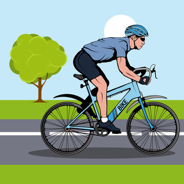 Cyclist on a bicycle. Sports bike. Bicycle helmet. Man riding a bike. Vector graphics to design.