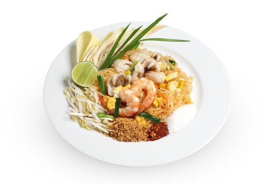 Pad Thai with shrimp isolated on white background, Thai style noodles